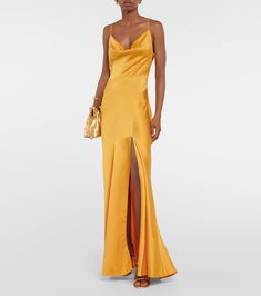 Finley Satin Gown in Gold - Simkhai | Mytheresa Silk Dress Styling, Dress Styling Ideas, Yellow Silk Dress, Formal Event Dresses, Yellow Gold Dress, Gown Gold, Dress Styling, Yellow Gown, V Neck Cocktail Dress