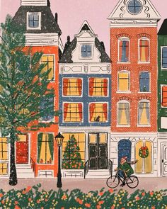 a painting of a person riding a bike in front of buildings with christmas decorations on the windows