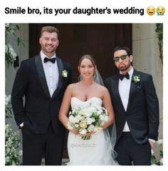 two men and a woman in tuxedos posing for a photo with the bride