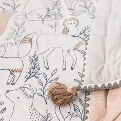 a close up of a blanket with animals on it