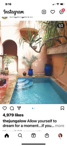 an instagram page with a pool and potted plants