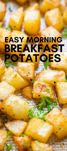 easy morning breakfast potatoes on a baking sheet with parsley in the foreground and text overlay