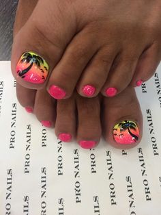 Pedicure Ideas Neon, Cruise Toenails, Tropical Toenails, Tropical Pedicure Designs, Summer Gel Pedicure, Neon Toe Nails Summer, Tropical Toe Nails, Toenail Designs Summer Pedicures, Toenail Art Designs Summer Pedicures