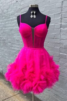 Pink Tulle Spaghetti Strap A-Line Short Dress with Ruffles Tulle Dress With Adjustable Spaghetti Straps, One Shoulder Short Dress, Gorgeous Prom Dresses, Winter Formal Dresses, Formal Dance, Junior Prom Dresses, Prom Dresses Two Piece, Dress With Ruffles, Beaded Prom Dress