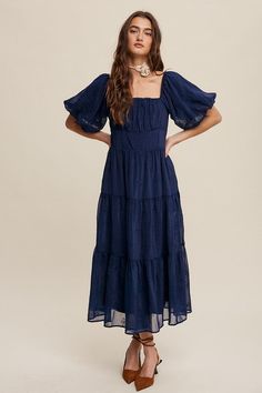 Midnight Flower Embroidered Puff Sleeve Tiered Maxi Dress Navy Blue Maxi Dress, Girls Dress Shoes, Denim Shirt Men, Boys Swimwear, Mens Dress Pants, Sport Dress, Casual Hat, Tiered Maxi Dress, Girls Party Dress