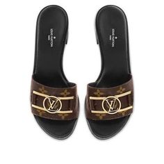 (WMNS) LOUIS VUITTON Lock It Slides 'Brown Monogram with Gold Plate' 1A660E Lock It, Limited Edition Sneakers, Apparel Shop, Sports Sneakers, Slides, Gold Plate, Limited Edition, Louis Vuitton, Monogram