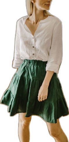 Casual Flared Linen Skirt, Bohemian Linen Skirt For Spring, Spring Bohemian Linen Skirt, Beach Linen Gathered Skirt, Spring Linen Tiered Skirt, Beach Linen Flared Skirt, Casual Green Linen Skirt, Flowy Linen Mini Skirt, Bohemian Tiered Linen Skirt