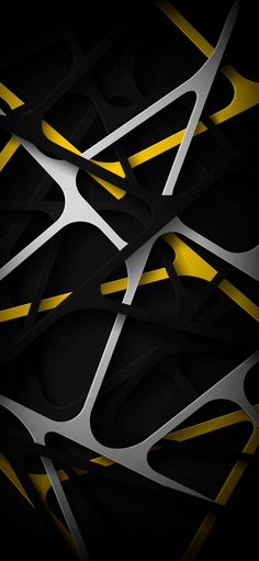 an abstract black and yellow background with many different pieces of metal in the shape of triangles