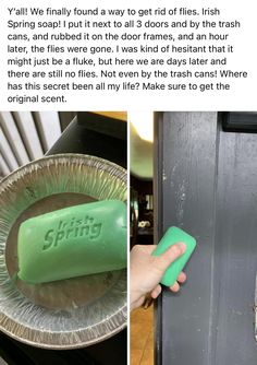 a person holding a green soap bar in their left hand and an image of a trash can with the word spring on it