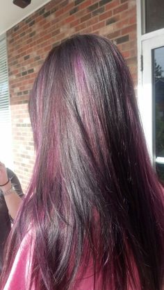 Purple streaks :) Skunk Streak Hair Purple, Dark Purple Highlights Light Brown Hair, Dark Purple Hair Streaks, Purple Highlights Brown Hair Straight, Subtle Dyed Hair, Purple Streaks In Black Hair, Purple Streaks In Brown Hair, Subtle Pink Hair, Purple Highlights In Brown Hair