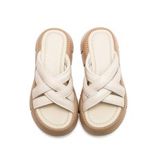 Cream Slip-on Sandals With Leather Sole, Beige Leather Sandals With Woven Sole, Cream Closed Toe Sandals With Leather Footbed, Leather Round Toe Platform Slippers For Beach, Leather Round Toe Platform Slippers For Vacation, Beige Closed Toe Platform Slippers For Beach, Beige Open Toe Synthetic Sandals, Beige Open Toe Synthetic Slippers, Beige Synthetic Open Toe Slippers