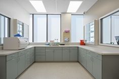 an empty laboratory with lots of counter space and large windows on the side wall that let in plenty of light