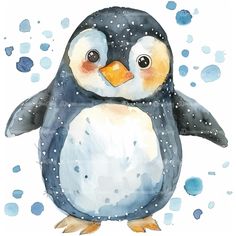 a watercolor painting of a penguin with snow falling around it's head and eyes