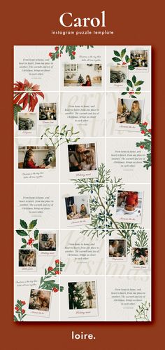 a christmas card with photos and holly branches on it, including the words carol written in red