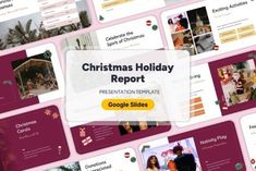 the christmas holiday report presentation is displayed on a pink background with many images and text