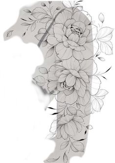 a drawing of flowers and leaves on the side of a white sheet with black ink