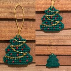 two pictures of christmas tree ornaments hanging on wooden planks, one is green and the other is gold