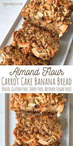 three slices of carrot cake banana bread stacked on top of each other with the words almond hour