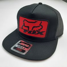 High quality embroidery Flat bill visor Mesh rear panels cotton front panel 5 panels Fox Racing Outdoor Black Snapback Hat With Embroidered Patch, Black Snapback Hat With Embroidered Patch For Outdoor, Black Snapback Hat With Embroidered Patch, Trucker Snapback Hat With Embroidered Logo For Sports, Sports Cap With Embroidered Patch, Black Baseball Cap With Custom Logo, Sports Six-panel Trucker Hat With Logo Patch, Sports Trucker Hat With Embroidered Logo 5-panel, Trucker Hat With Embroidered Logo For Sports