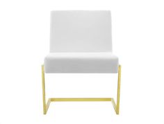 a white chair with gold legs and a white seat pad on the back, against a white background