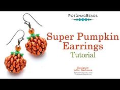 some kind of earrings that are made out of oranges and green beads with words super pumpkin earrings