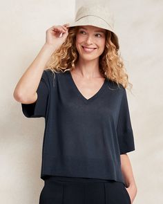 Our elevated version of an everyday tee, as relaxed as ever in a breezy sweater knit. Its boxy silhouette is beautifully detailed with an open neckline, flowy sleeves, and side vents, plus exagerrated-rib flair.  Exclusive. V-neckline. Elbow-length dolman sleeves. Rib-knit detail at the cuffs and hem. Modern V-neck Tops For Summer, Modern Relaxed Fit V-neck Top, Versatile Knit V-neck Tops, Oversized Relaxed Knit Tops, Relaxed V-neck Tops For Fall, Fine Knit V-neck Tops For Layering, Relaxed Fit V-neck Knit Top, Relaxed Fit V-neck Fine Knit Top, Chic Relaxed Fit Tops Made Of Modal