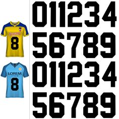 the numbers for soccer jerseys are shown in black and white, with blue and yellow colors