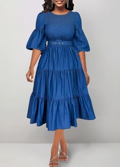 Package Contents : 1 X Dress , 1 X Belt Color : Denim Blue Printing Design : Plain Color Clothing Length : Midi Back Length(inch) :XXSXSSMLXLXXL44.345.146.046.948.350.150.9Note: The inaccuracy is between 1 and 1.5 inches due to manually measurement.Sleeve's Length : Half Sleeve Neckline : Round Neck Sleeve Style : Bishop Sleeve Season : Summer Style : Elegant Occasion : Party,Cocktail Composition : 97% Polyester 3% Spandex Washing Instructions : Hand Wash/Machine Wash See More Jean Gown Styles For Ladies, Jeans Gown Styles For Ladies, Blue Denim Knee-length Dress, Knee-length Ruffled Denim Dress, Denim Ruffle Knee-length Dress, Blue Knee-length Denim Dress With Ruffles, Blue Denim Knee-length Dress With Ruffles, Jeans Gown Styles For Women, Jean Gown Styles