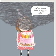 a girl holding a cake with candles on it and an empty speech bubble above her head