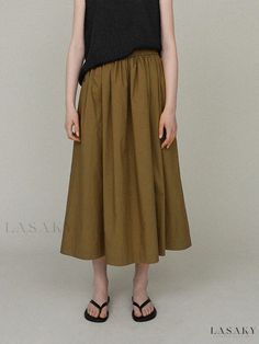 Lasaky - Satin Cotton Solid Color Midi Skirt with Buttoned Pockets and Elastic Waistband Olive Green Skirt, Umbrella Skirt, Umbrella Designs, Skirt For Women, Empire Dress, Flowy Blouse, Summer Fabrics, Summer Skirts, Casual Skirt