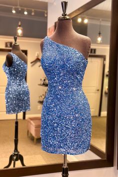 One Shoulder Blue Sequin Tight Mini Dress Hoco Dresses Tight Blue, Mini Dress Homecoming, Blue Sequin Mini Dress, Formal Dresses Tight, Blue Sparkly Dress, 8th Grade Formal Dresses, Homecoming Dresses Sparkly, Purple Homecoming Dress, Sparkly Shorts