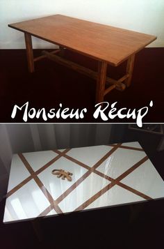 the table is made out of wood and has an interesting pattern on it, as well as