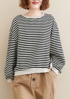 Women Autumn Long Sleeve Cotton Sweatshirt  Striped Female Loose Casual Pullovers Hoodies - Omychic Casual Striped Long Sleeve Sweater, Casual Cotton Sweatshirt With Striped Sleeves, Cotton Drop Shoulder Hoodie, Striped Cotton Sweater For Fall, Casual Sweater With Striped Sleeves And Crew Neck, Striped Long Sleeve Hoodie For Fall, Casual Drop Shoulder Top With Ribbed Cuffs, Casual Tops With Ribbed Cuffs And Drop Shoulder, Cotton Crew Neck Sweater With Striped Sleeves