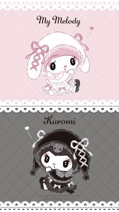 two banners with cartoon characters and the words my melody, kuromi on them