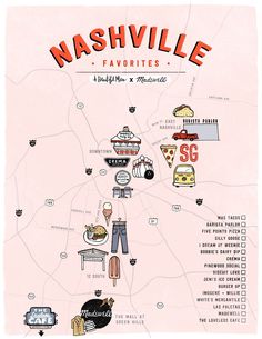 a map with the names and locations of nashville's favorite restaurants, including pizza