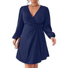 Features: This classic plus size work dress has a modest knee length and the wrap v-neck provides plenty of coverage, while still looking sexy. Regular puff long sleeve, the ruched design and attached tie at the waist is very flattering and hides a lot of imperfections in the midsection, and hugs your curves in all the right places, which make you feel more confident, the long sleeve blazer mini dress suitable for every pretty lady Blazer Midi Dress, Plus Size Work Dresses, Wrap Dress Casual, Neck Wrap Dress, Dress Casual Long, Midi Dress Navy, Midi Dress Fall, Blazer Mini Dress, Navy Blue Midi Dress