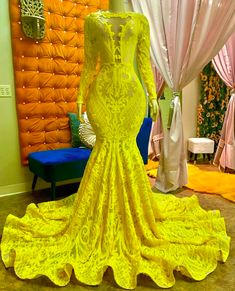 Yellow Dresses With Fitted Bodice For Banquets, Yellow Dress With Fitted Bodice For Banquet, Yellow Dresses With Fitted Bodice For Banquet, Fitted Yellow Dress For Wedding, Fitted Long Sleeve Dress With Sweep Train, V-neck Lace Dress With Sweep Train, Lace V-neck Dress With Sweep Train, Fitted Lace Homecoming Dress, Fitted Yellow Homecoming Dress