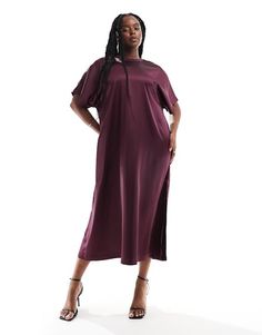 ASOS DESIGN Curve satin oversized midi t-shirt dress in burgundy | ASOS Elegant Oversized Short Sleeve Maxi Dress, Elegant Oversized Short Sleeve Midi Dress, Formal Dresses Graduation, Cocktail Dress Formal, Winter Party Dress, Asos Curve, Long Sleeve Floral Dress, Sweaters And Leggings, Plain Design