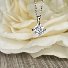 Asscher Moissanite Pendant Necklace 14k Gold, Simple Asscher Cut Necklace, Solitaire Necklace, Women's Square Necklace, Holiday Gift, #7075 #SimpleAsscherCut #AsscherPendant #WomensNecklace #SolitaireNecklace #AsscherMoissanite #AsscherNecklace #SquareNecklace #MoissanitePendant #7075 #HolidayGift Anniversary Solitaire Square Pendant Necklace With Prong Setting, Fine Jewelry Solitaire Square Pendant Necklace For Anniversary, Diamond White Square Pendant Solitaire Necklace For Anniversary, Diamond Cut Solitaire Necklace With Square Pendant For Gifts, Square Diamond Cut Solitaire Necklace As Gift, Square Pendant Solitaire Necklace With Diamond Cut For Gift, Diamond Cut Solitaire Necklace With Square Pendant, Asscher Cut Diamond Jewelry As Gift, Diamond Cut Solitaire Pendant Necklace Gift