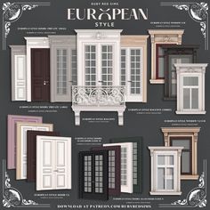 the european style windows and doors are shown in different colors, sizes and styles with an ornate