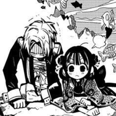 two anime characters sitting on the ground with one looking at something in front of them