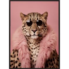 a leopard wearing glasses and a pink fur collar