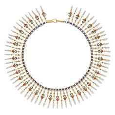 An important gold, enamel and pearl Giuliano fringe necklace, the necklace in Indian-style, the collar of blue and white enamelled beads with gold fringes in two alternating designs, the floral fringes heightened in blue, green and red translucent enamel, each terminating in three seed pearls, measuring approximately 14" in length, signed C.G., circa 1874-1895. Gold Fringe Necklace, Gold Necklace Indian, Gold Fringe, Historical Jewellery, Fringe Necklace, Gold Jewelry Indian, Gold Brooches, Victorian Jewelry, Gold Enamel