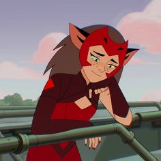 a cartoon character leaning on a rail with her hand near her face and looking at the camera