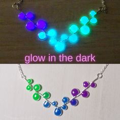 Why choose between daywear and nightwear when you can have both? This glow-in-the-dark necklace effortlessly transitions from everyday chic to glow party glamour. Shine bright anytime, anywhere! Everyone should own one of these fun and unique glow in the dark resin necklace. The sweet little droplets look bright and cheerful during the day and glow up when you enter a dark room or under black light.  The necklace is hand made, using silver brass wire, glow powder, and resin. Each necklace is unique, so please allow for small variations from the one pictured. Materials:  wire, brass chain, lobster claw closure, resin, glow powder, and a touch of magic This item is ready to ship. Your jewelry will arrive wrapped, ready for gifting or as a treat to yourself.  All pieces are designed and handc Rave Jewelry For Halloween Party, Black Glow In The Dark Jewelry For Parties, Black Glow In The Dark Party Jewelry, Glow In The Dark Jewelry, Green Luminous Jewelry For Party, Luminous Green Jewelry For Party, Blue Luminous Jewelry For Party, Luminous Blue Jewelry For Parties, Silver Glow In The Dark Jewelry For Party