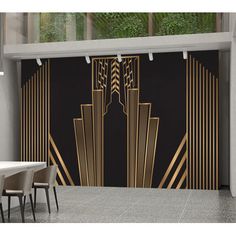 an art deco wallpaper mural in a dining room with black walls and gold accents