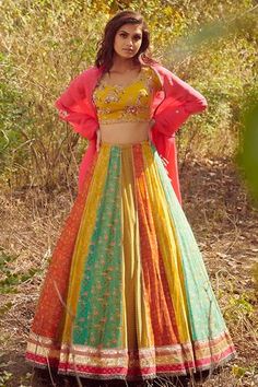 Shop for Dolly J Multi Color Norah Chiffon Lehenga Set for Women Online at Aza Fashions Multi Kali Lehenga, Multi Color Dupatta Organza, Multi Color Kali Lehenga, Alternate Kali Lehenga, Bright Color Lehenga, Kali Pattern Lehenga, Different Kali Lehenga, Kali Chaniya Pattern, Kali Lehnga Design