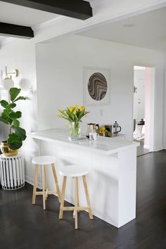 two stools are in front of the kitchen island with flowers on it and a potted plant