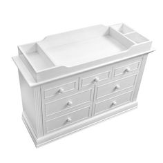 an empty white dresser with drawers on the top and bottom drawer, in front of a white background