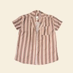 Vertically Striped Multicolored Short Sleeve Button Up Shirt From Free People Xs But Fits Oversized Brand New With Tags Retro Pink Button-up Top, Pink Camp Collar Casual Shirt, Pink Casual Shirt With Camp Collar, Striped Tops With Buttons For Daywear, Retro Tops With Buttons For Day Out, Retro Buttoned Tops For Day Out, Casual Pink Camp Collar Shirt, Red Summer Shirt For Daywear, Red Summer Daywear Shirt